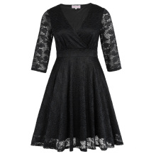 Hanna Nikole Womens Plus Size Three Quarter Length Sleeve V-Neck Black Lace Summer Dress HN0022-1